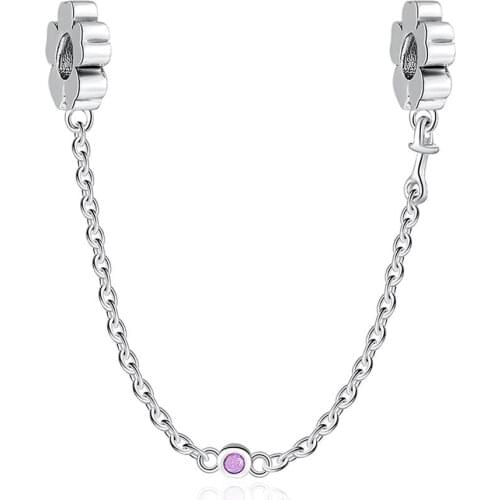 Authentic S925 Wildflower Meadow With Crystal Safety Chain Charm Fit Lady Bracelet Bangle DIY Jewelry