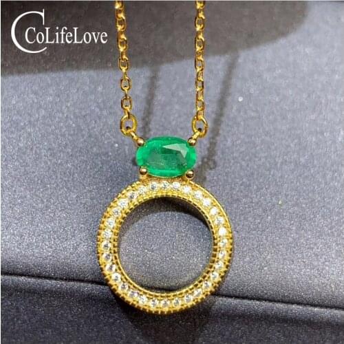 CoLife Jewelry 925 silver circle pendant with emerald 0.4ct natural emerald silver pendant for girl fashion gemstone pendant