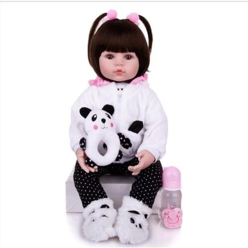 Realistic Reborn Baby Girl Doll Cloth Body Stuffed Lifelike Babies Doll Toy Wear Panda Clothing Kid Xmas Birthday Gifts