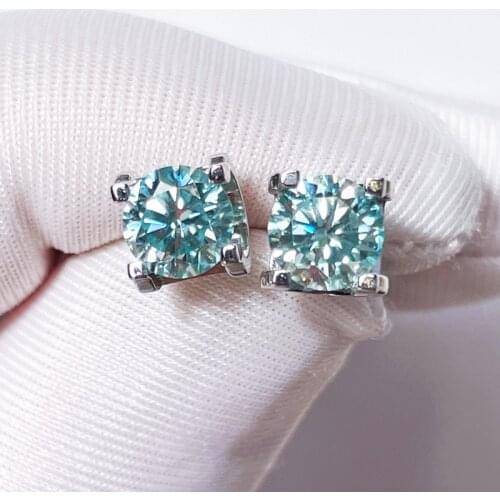 SUBRELI Blue Moissanite Earring For Women Simple Classic Round Studs Earrings 1.0ct 925 Sterling Silver
