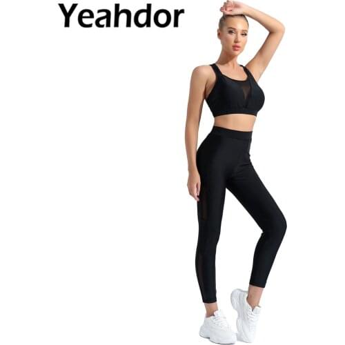 Women Fitness Sportswear U Neck Straps Cross at Rear Mesh Sport Bra Top High Waist Pants Set for Running Gym Yoga Workout Dance