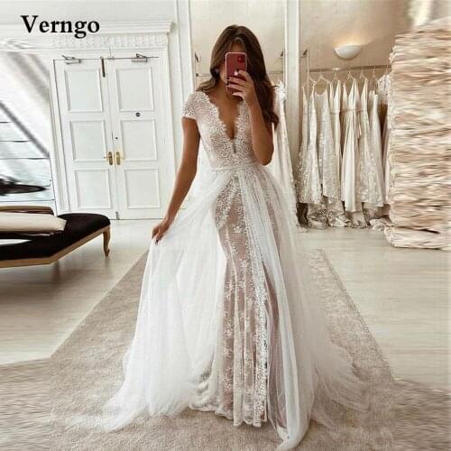Verngo Short Cap Sleeve Lace Mermaid Wedding Dresses With Deatachable Overskirt V Neck Tulle Nude Underneath Women Bridal Gown