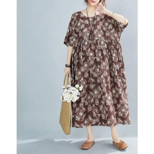 Thin Soft Ramie Print Floral Vintage Dress Plus Size 5XL 6XL Loose Summer Dress Women Outdoor Holiday Style Travel Casual Dress
