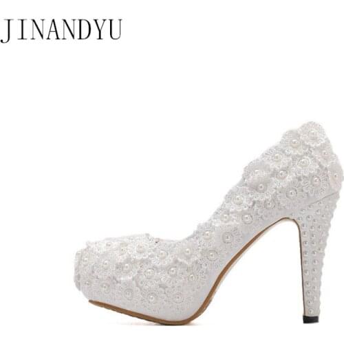 White Women Pumps Extreme High Heels Platform Party Wedding Shoes Lace Beaded Shoes High Heels Woman New Platform Bride Shoes