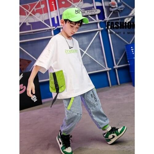 Hip Hop Streetwear For Children Street Dance Performance Stage Costume Summer T-Shirt Jeans Boys Girls Jazz Dancewear YS2075