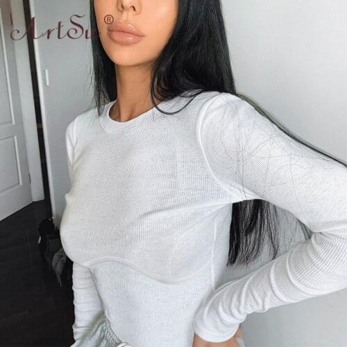 ArtSu Hold Chest Long Sleeve White T Shirt Basic Solid Black Autumn Women Tshirts Casual Slim Tee Shirt Femme Crop Tops 2020