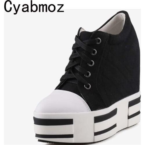 13CM Women Canvas Wedges Sneakers High Platform Casual Shoes Fashion Woman Invisible Heels Thick Bottom Leisure Shoe