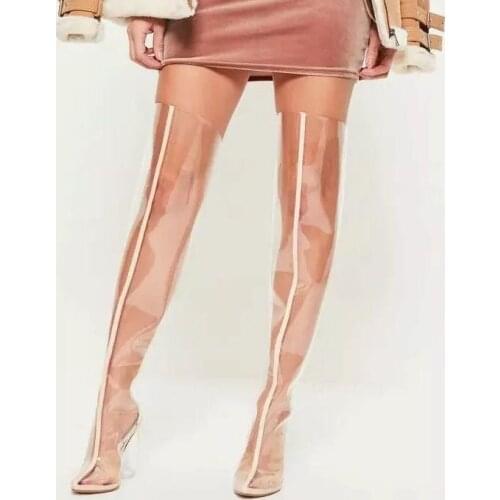 2017 Newest Clear PVC Women Over The Knee Boots Sexy Pointy Toe Transparent Chunky Heel Ladies Boots Gladiator Thigh High Boots