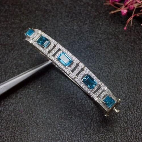 Fashion Square Pillow Natural blue topaz gem Bangles Natural gemstone Bangles S925 silver bracelet women party gift fine jewelry