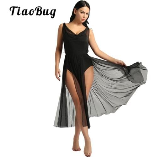 TiaoBug Women Solid Color Built In Shelf Bra Stage Lyrical Dance Costumes Adult Ballet Gymnastics Leotard Sexy Mesh Dance Dress