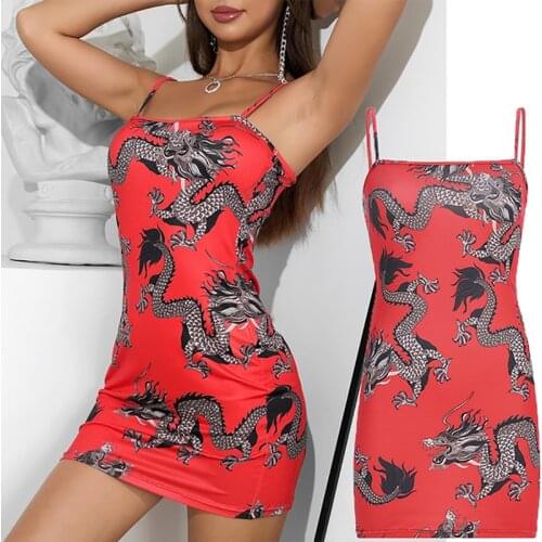 New Summer Styles Women Dragon Pattern Sleeveless Split Hip Slender Slim Fit Sexy Print Red Dress