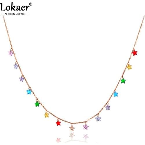 Lokaer Fashion Bohemia Stainless Steel Colorful Star CZ Crystal Choker Necklace Beach Pendant Chain Necklace For Women N20088