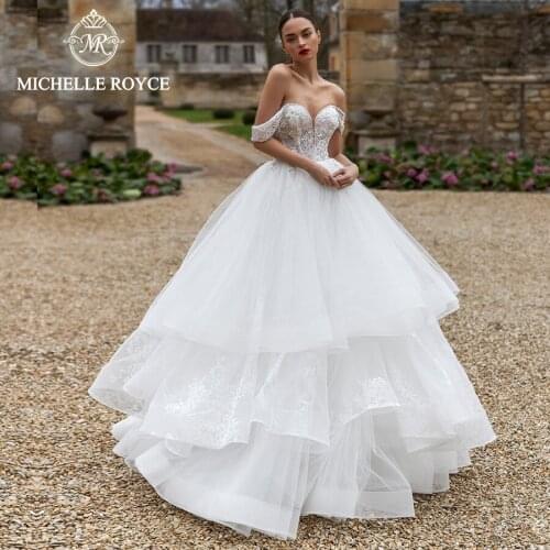 Michelle Royce A-Ling Wedding Dresses 2021 Sexy Sweetheart Off The Shoulder Tiered Chapel Train Bridal Gowns Vestido De Noiva