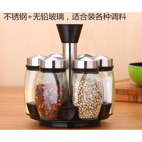 Hot 7Pcs/Set Rotating Stainless Steel Glass Cruet Condiment Spice Jars Set Salt Pepper Shakers Seasoning Sprays Dropshipping