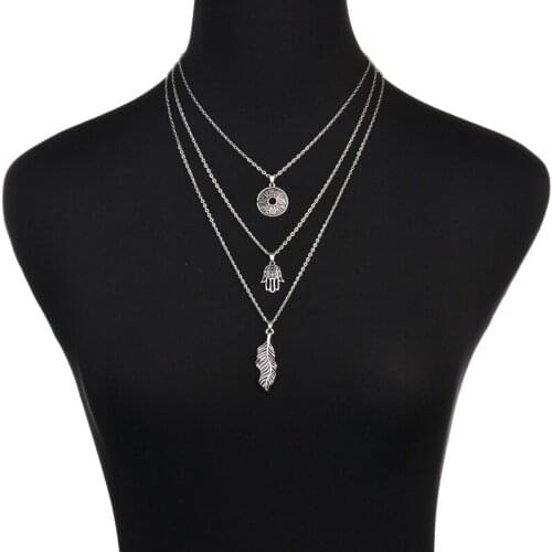 Punk Solid Color Multiple Chains Round Hollow Metal Dial Dream Catcher Leaf Pendent Necklace for Women Men Girls Neck Jewelry