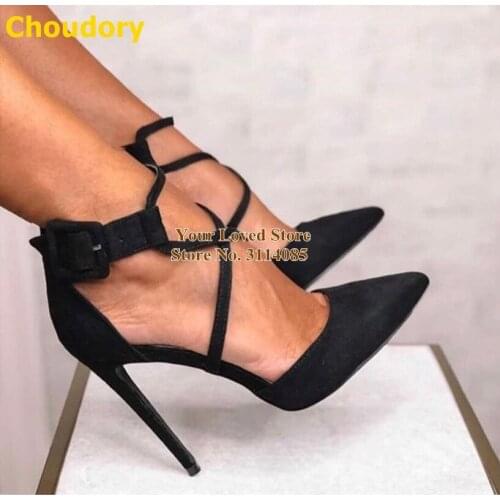 Choudory Elegant Square Buckle Embellished Dress Shoes Stiletto Heels Pointed Toe Cross Strappy Gladiator Pumps Classic Footwear