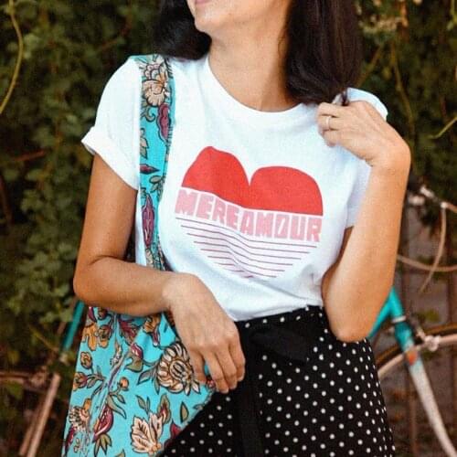 Letter Cotton T shirt Woman Short Sleeved Round Neckline Mère Amour Print T Shirts Soft Chic Vintage Casual Tee Shirt Femme 2021