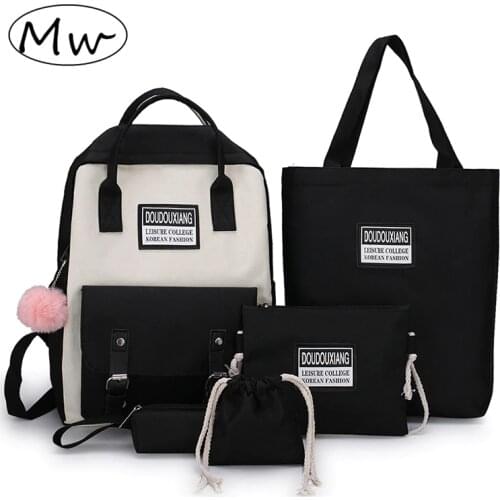 5pcs/ Set Canvas School Bags for Teenage Girls 2020 Solid Color Travel Backpack Women Bookbags Student Bagpack Rucksack MD0158
