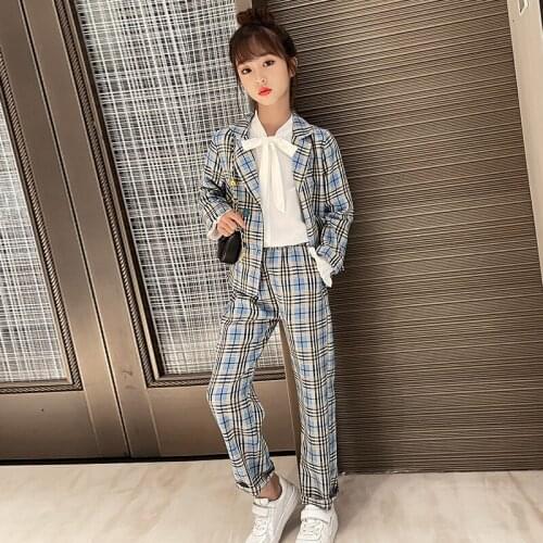 New Girls Uniform Set 2021 Spring And Autumn Girls Plaid Blazer + Pants School Girls Blue Pink Lapel Button Cardigan Plaid Pants
