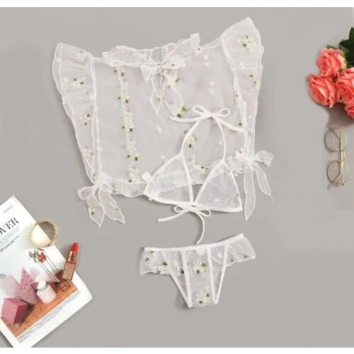 2Pcs Women Lingerie Set Mesh Sheer Daisy Floral Printing Off-Shoulder Bra + Bow Knot Tie-Waist Thong-Panty Underwear Sets