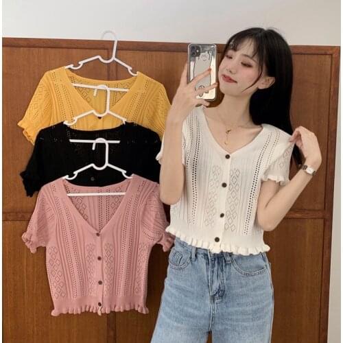 Summer Women Shirt Ruffles Knitted Short Sleeve Casual Hollow Out Thin Tops