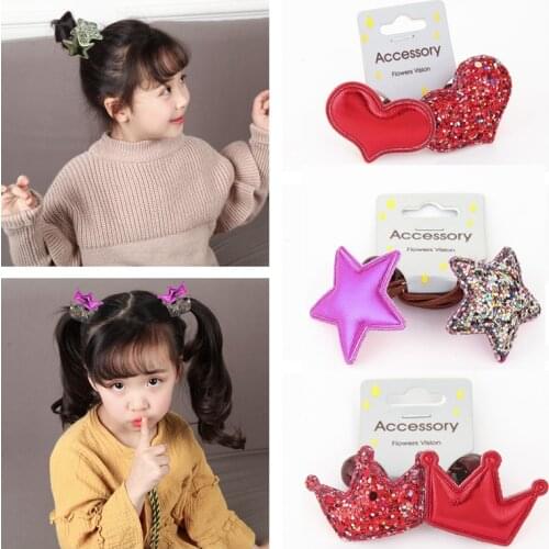 2Pcs Cute Elastic Hair Bands For Girls Hair Accessories Scrunchie Glitter Heart Crown Star Hair Rubber Band Korean Hair Rope