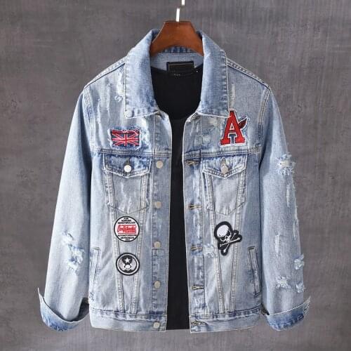Fashion Streetwear Men Jackets Autumn Light Blue Newly Designer Ripped Denim Jacket Hombre Cotton Coats Patches Hip Hop Chaqueta