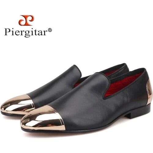 Piergitar new style Handmade Black Genuine Leather men shoes with front and back gold metal Fashion men slip-on loafers