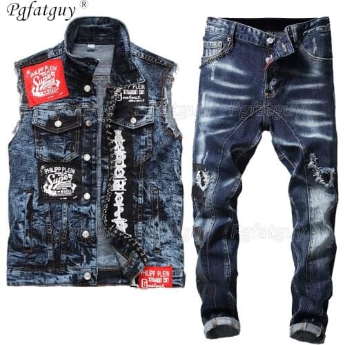 2021 Fashion Slim Printed Multi-Patches Blue Denim Vest and Jeans Two Piece Set For Men New Style Streetwear Male Clothing