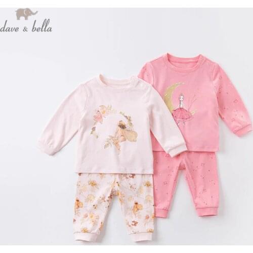 DB16088 dave bella autumn baby girls fashion cartoon print pajamas newborn baby underwear casual sleepwear 2 pcs suit