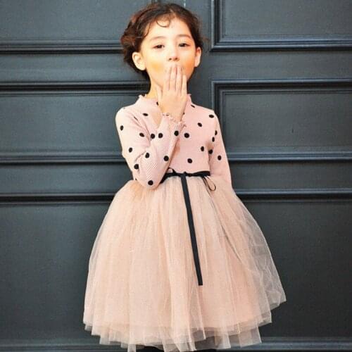 Girls Dress 2019 Spring Children Clothing Long Sleeve Dot Knit Mesh Design Princess Dress Girls Costumes DQ373
