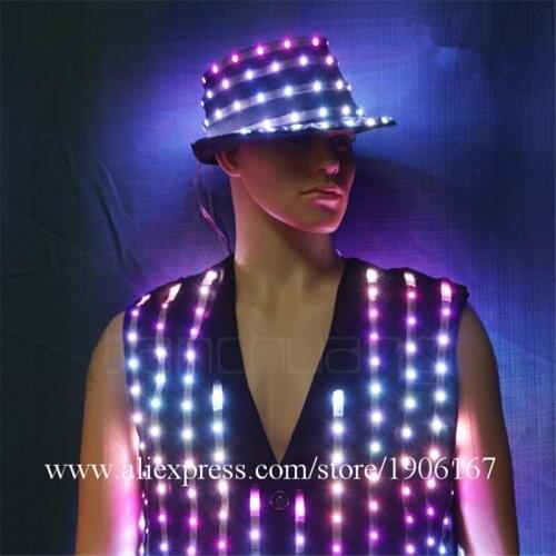 Full color LED luminous costumes vests performance glowing hat stage lighting clothing Led Illuminate nightclubs party clothes