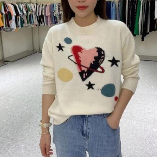Love Heart Star Embroidery Pullover Sweater Women Jumpers 2021 Autumn Winter Sweater Women Black White Crew Neck Knitwear