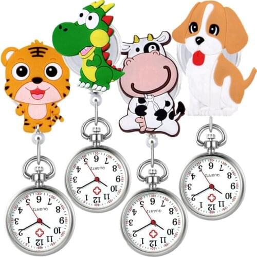 Lovely cute animal cartoon tiger dogs cow rubber nurse doctor pocket watches Clip Brooch Retractable Badge Pediatrics watches