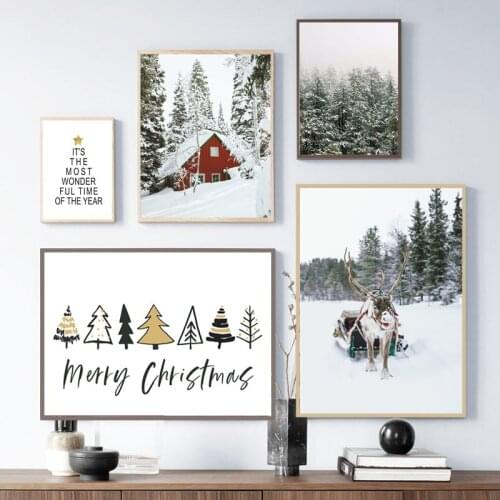 Scandinavian Posters Paintings Winter Forest Moose Picture Christmas Home Decor Nordic Wall Art Canvas Painting Room Decoration