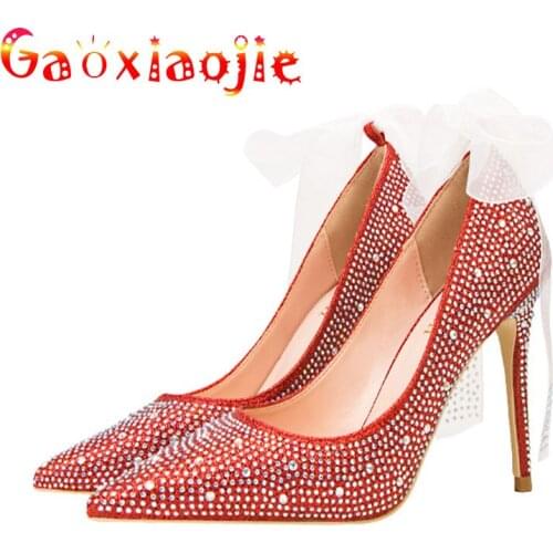 Luxury Diamond Women Wedding Shoes Sexy Pointed 10CM Pumps Sweet Ribbon Bow Crystal Prom Party High Heels Red Gold And Silver