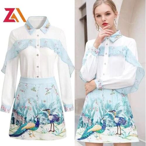 ZALady Summer White Ruffles Long Sleeve Shirts Tops And Vintage Printed Mini Skirts Elegant Casual Office Two 2 Piece Set Outfit