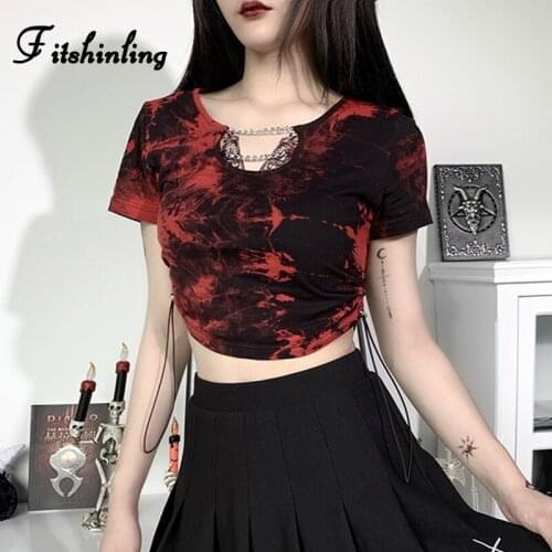 Fitshinling Gothic Tie Dye Red T Shirt Women Chain Drawstring Chain Summer Crop Top Short Sleeve Slim Sexy Dark Female T-Shirt