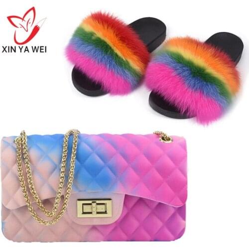 Woman fur slides-flap rainbow handbag colorful jelly shoulder bag shoes women fluffy fur slippers handbag Pvc candy shoulder bag