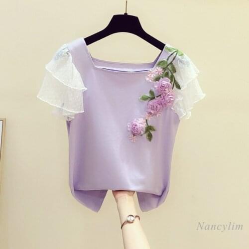 Pruple T Shirt Woman New Korean Mesh Lotus Leaf Sleeve Embroidery Three-Dimensional Flower Square Neck T-shirt Lady Crop Top