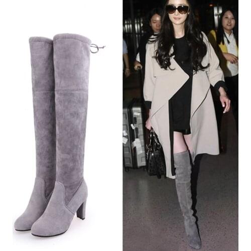 Women Over Fashion Flock Leather The Knee Boots Lace Up Sexy High Heels Autumn Woman Shoes Winter Women Boots 34-43