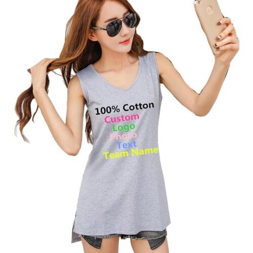 Hip Hop Split Irregular Female Women Summer Tanks Top Shirt Cotton Custom Logo Photo Text Printed DIY Sleeveless V Neck Tees Top