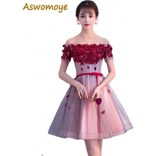 Aswomoye Short Evening Dress 2018 New Arrival Appliques Flowers Sleeveless Party Dress Boat Neck Off the Shoulder robe de soiree