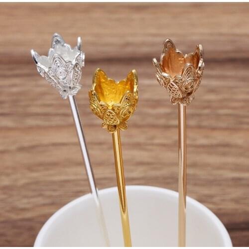 10PCS 120mm Metal Alloy Flowers Hair Sticks 17.5*19mm Flowers Hair Sticks Base Setting DIY Headwear Accessory For Jewelry Making