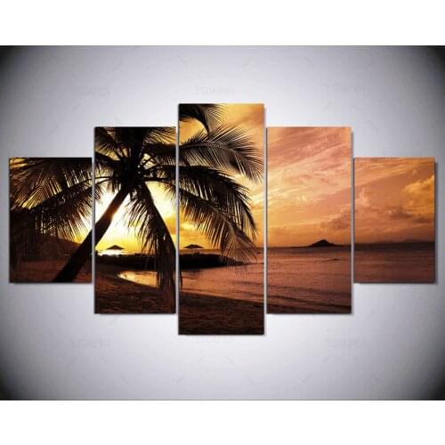 5 panel Modern palm tree beach sunset hd Art print canvas art wall framed paintings for living room wall picture ny-253