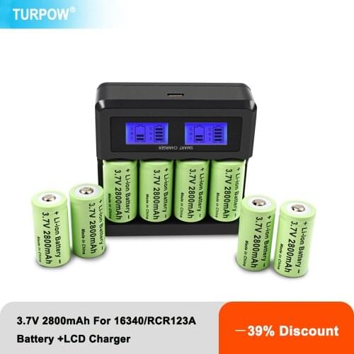 Turpow 2800mAh 3.7V Li-ion Rechargeable 16340 Batteries CR123A Battery For LED Flashlight Travel Wall Charger For 16340 CR123A