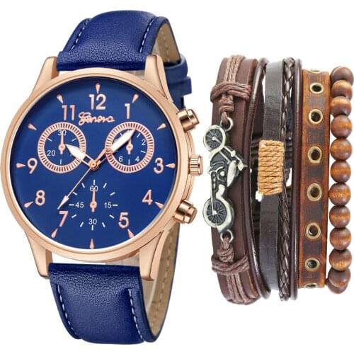 Men Watches Set Fashion Casual Two-Eye Belt Quartz Watch + Bicycle Punk Bracelet Simple Clock Wristwatches Male