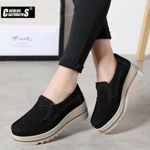 Cuculus 2021 Women Flat Platform Shoes Flats Women Cut-out Suede Leather Slip on Thick Heels Loafers Ladies Creepers Women 509