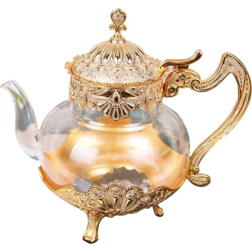 Palace Golden Glass Teapot Kitchen Metal Cold Kettle Coffee Pot European Style Home Decoration Glassware Birthday Wedding Gifts