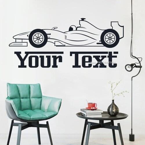F1 Racing Car & Personalized Text/Name Stickers Wall Decor Vinyl Wallpaper Lettering Murals Wall Sticker For Kids Bedroom LC1153